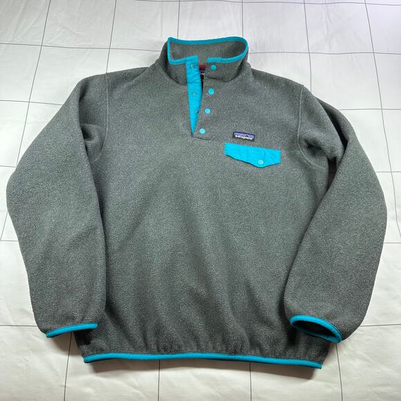 Patagonia Sweater Womens Medium Gray Blue Synchilla Snap T Fleece Pullover Hike - Picture 1 of 7